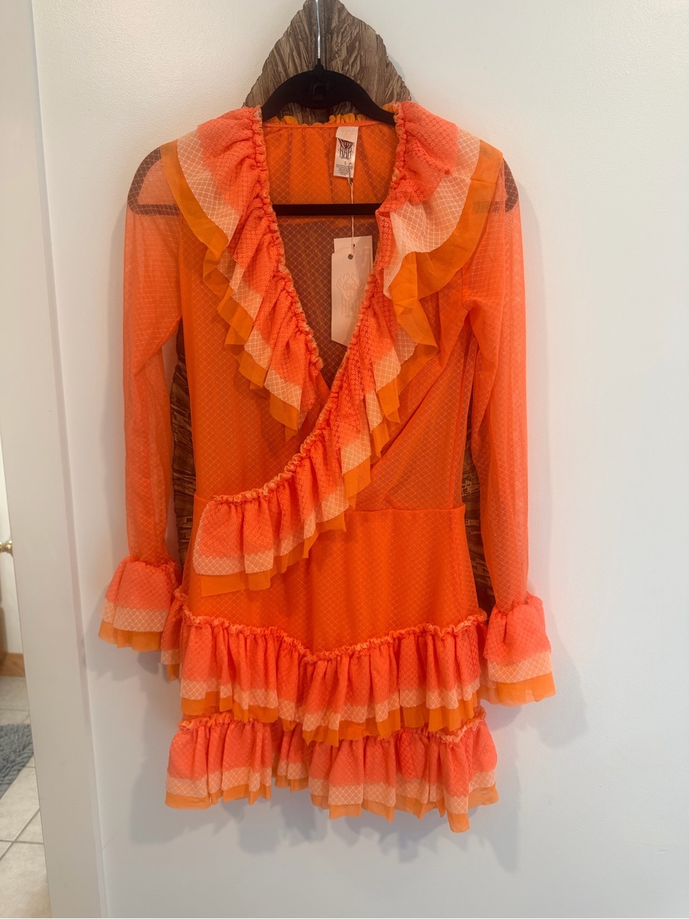 Orange Ruffle Wrap Mini Dress with Sheer Sleeves